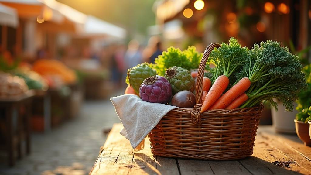 Marché de producteurs locaux avec stands de légumes et fruits de saison
