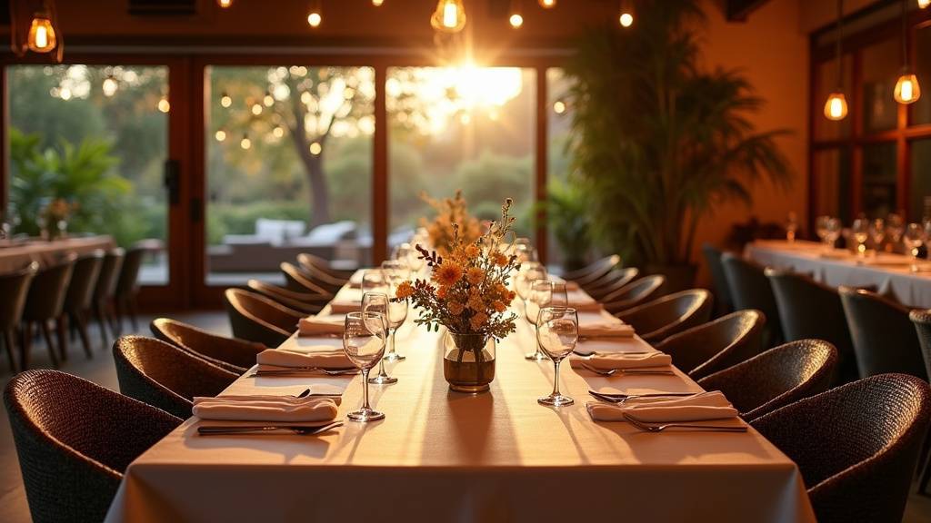 Salle de restaurant La Pampa décorée pour un mariage avec guirlandes lumineuses et tables élégantes