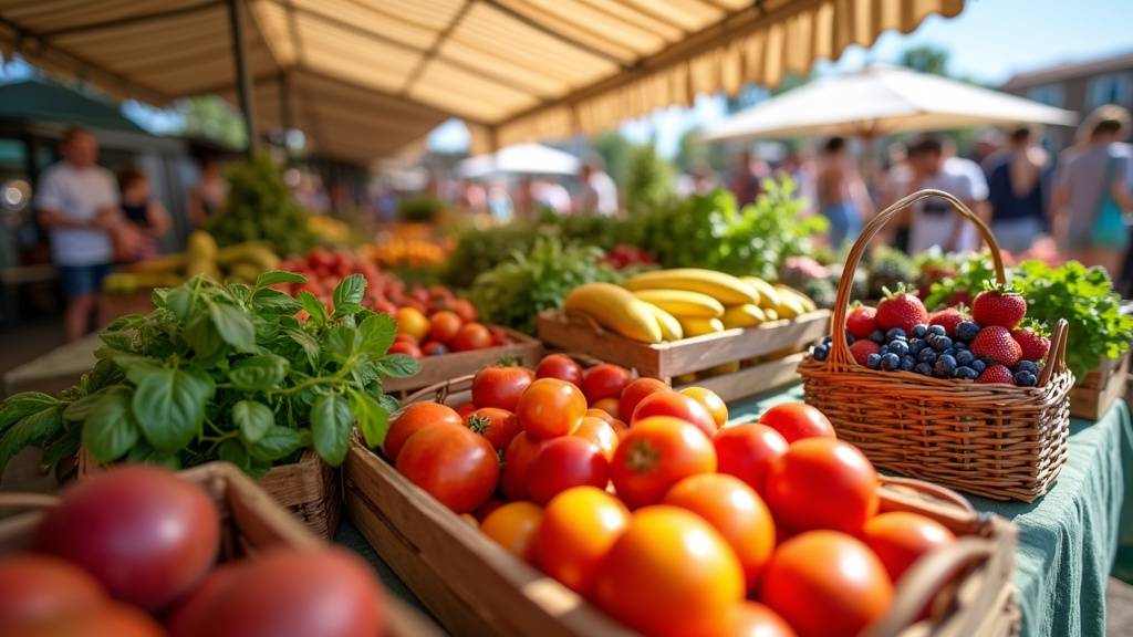 Marché de producteurs locaux avec légumes de saison et fruits frais